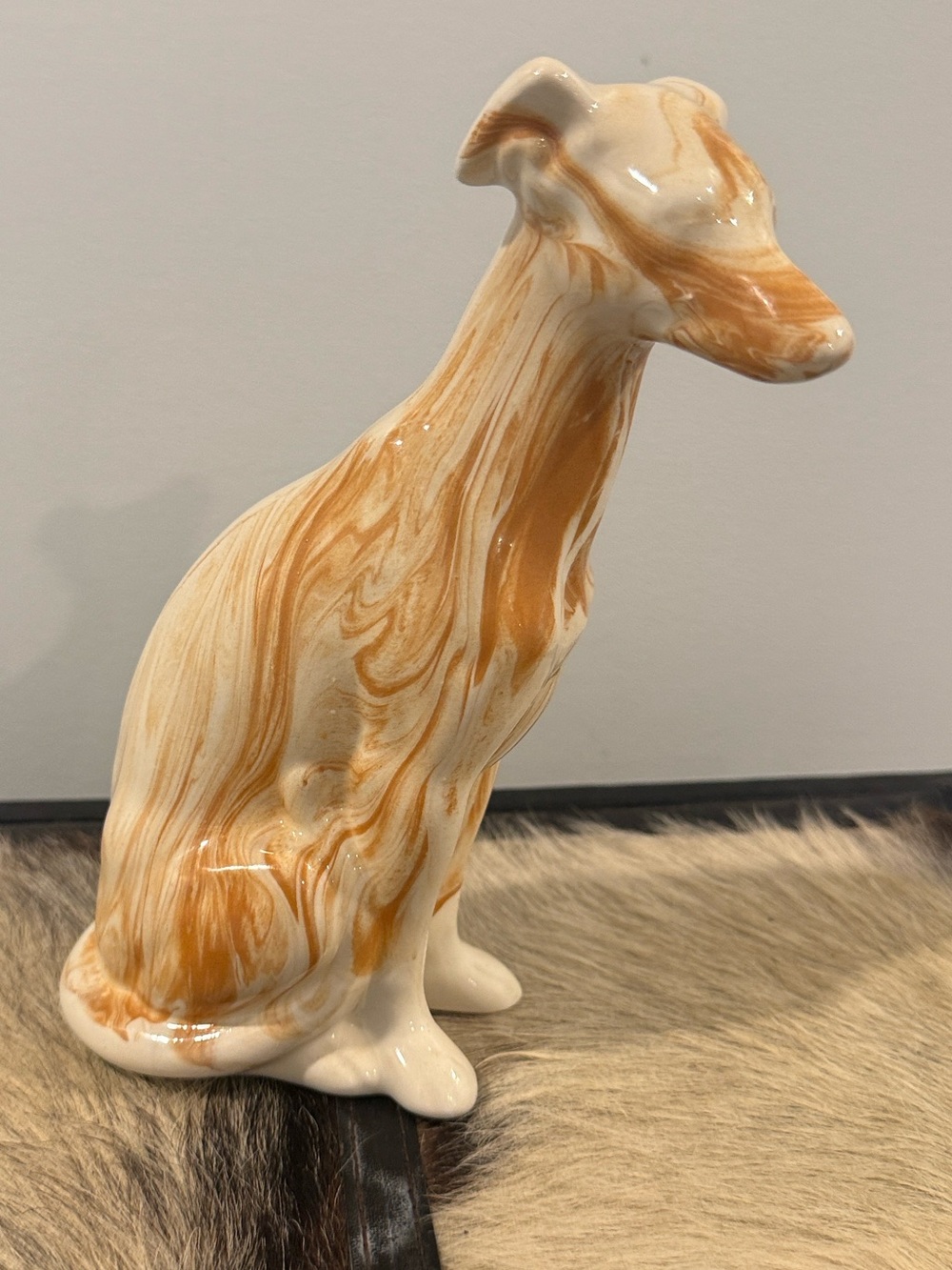Alabama Clay by MAX Ceramic Greyhound Figurine in Cream and Amber Swirl